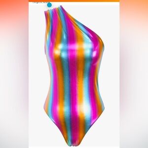 NWT Metallic Liquid Bodysuit High Leg Cut Ruched One Shoulder Leotard Top Rave